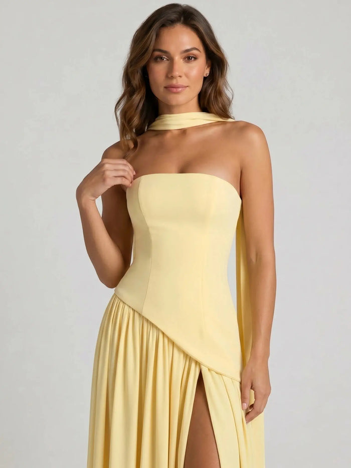 Women's Structured Cocktail Dress | Elegant Strapless High Slit Design LondonLaneStore