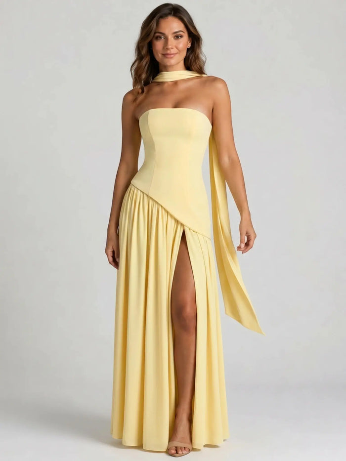 Women's Structured Cocktail Dress | Elegant Strapless High Slit Design LondonLaneStore