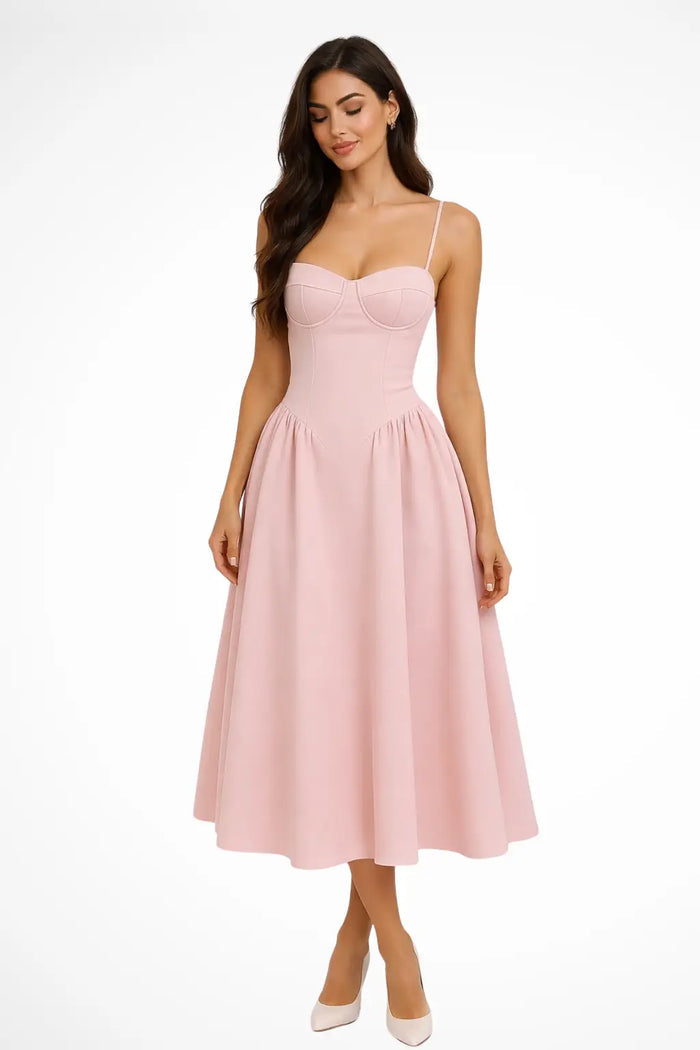 Women’s structured corset midi dress with flared A-line silhouette, featuring fitted bodice and flowing skirt from LondonLaneStore.