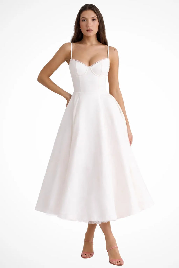 Elegant women's structured corset midi dress with a flared silhouette, perfect for formal occasions, by LondonLaneStore.