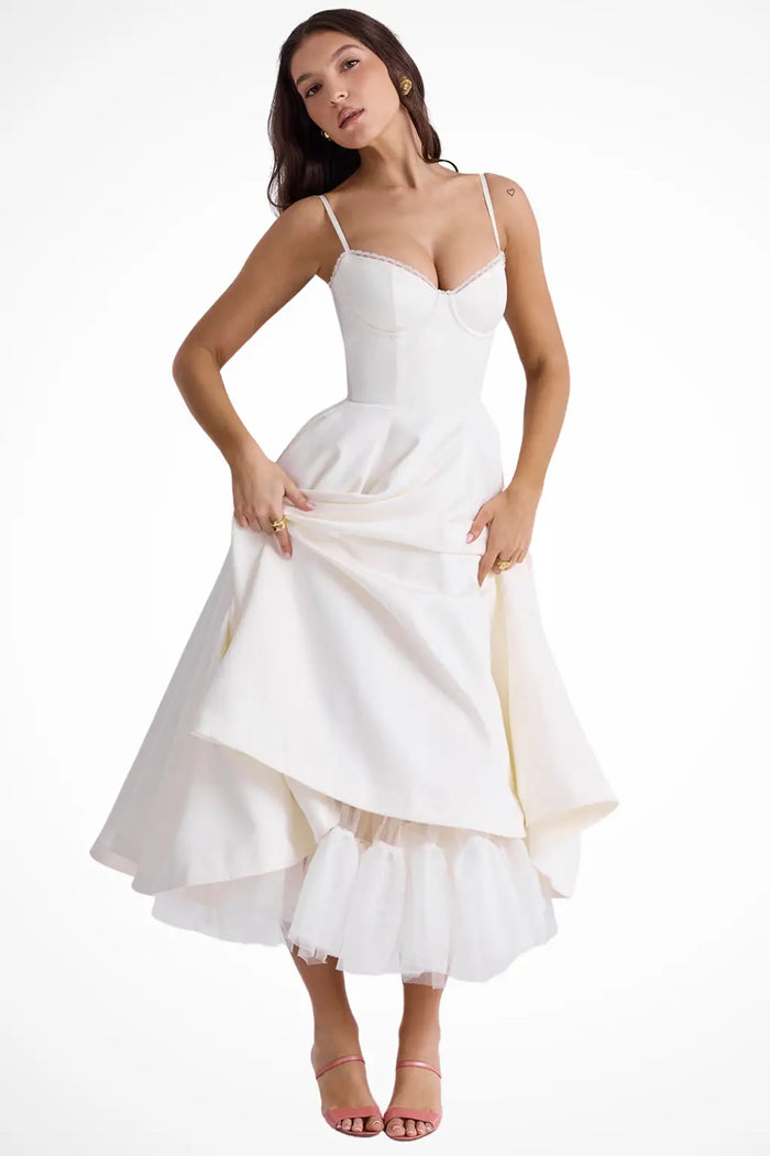 Elegant women's structured corset midi dress with flared design, perfect for formal occasions, by LondonLaneStore.