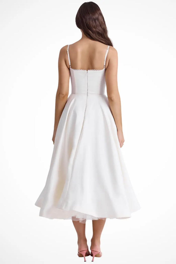Elegant women's structured corset midi dress with flared skirt, perfect for formal occasions, by LondonLaneStore.