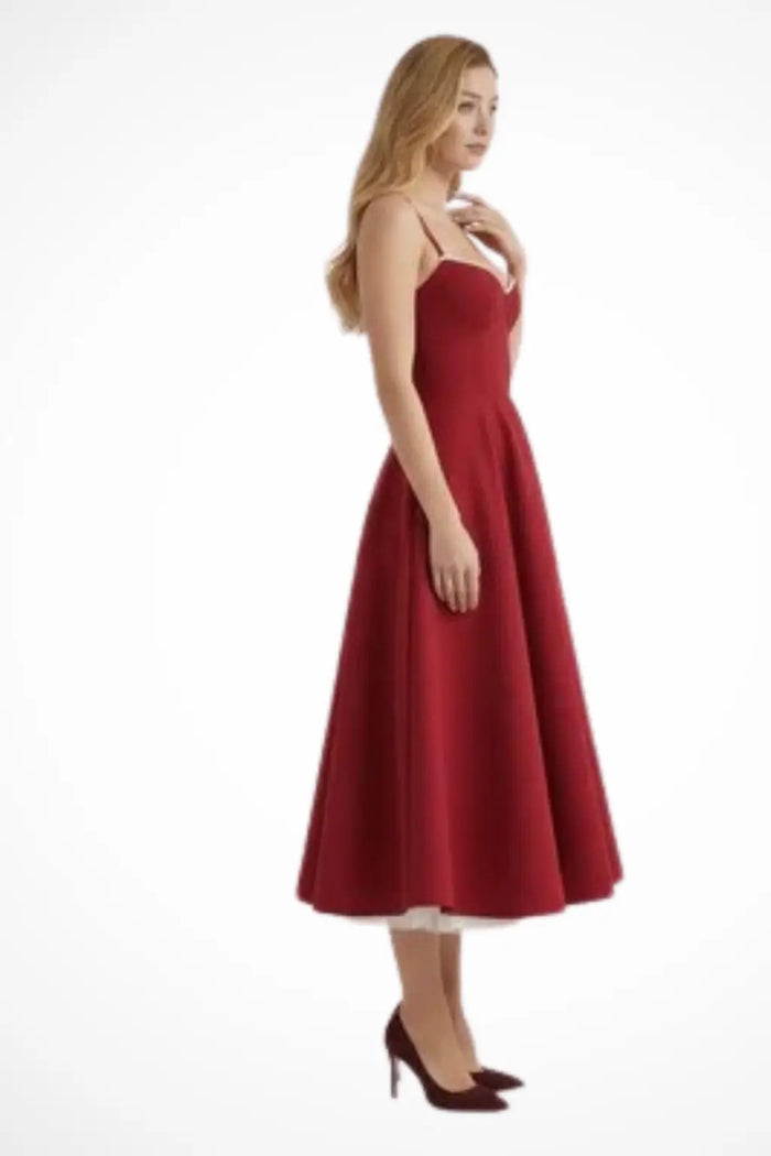 Elegant women's structured corset midi dress with flared skirt, ideal for formal occasions, by LondonLaneStore.