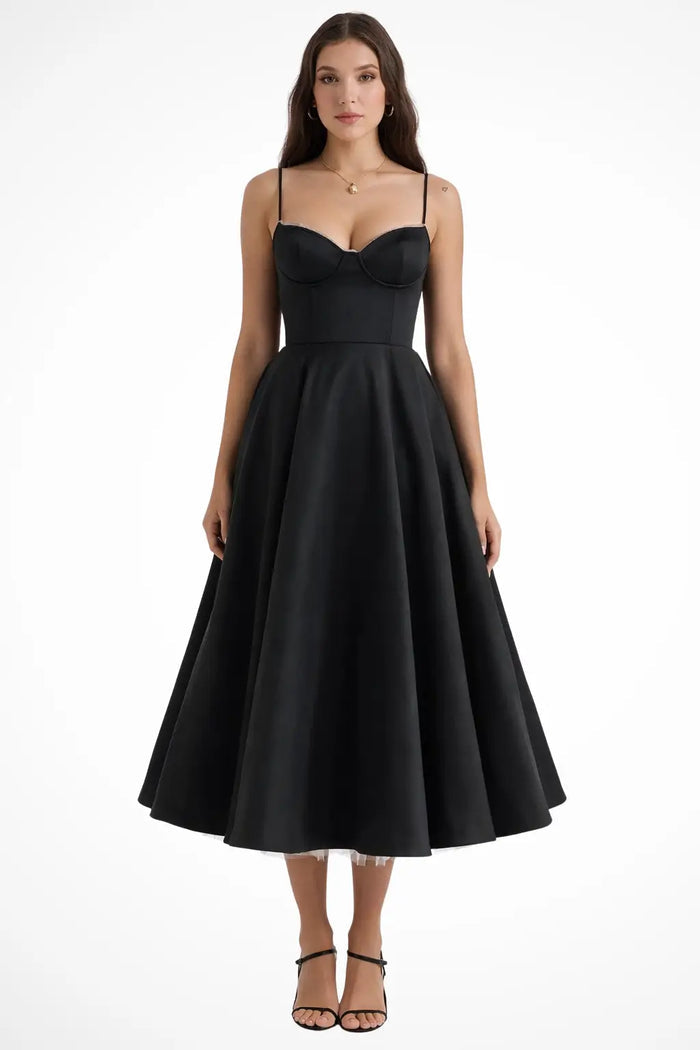 Women’s structured corset midi dress with flared silhouette, elegant formal gown for women, by LondonLaneStore.