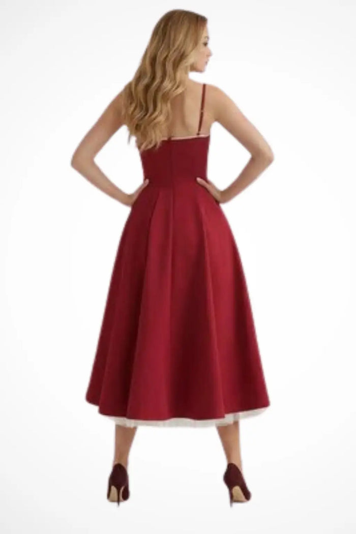 Elegant women's structured corset midi dress with flared skirt, ideal for formal occasions, by LondonLaneStore.