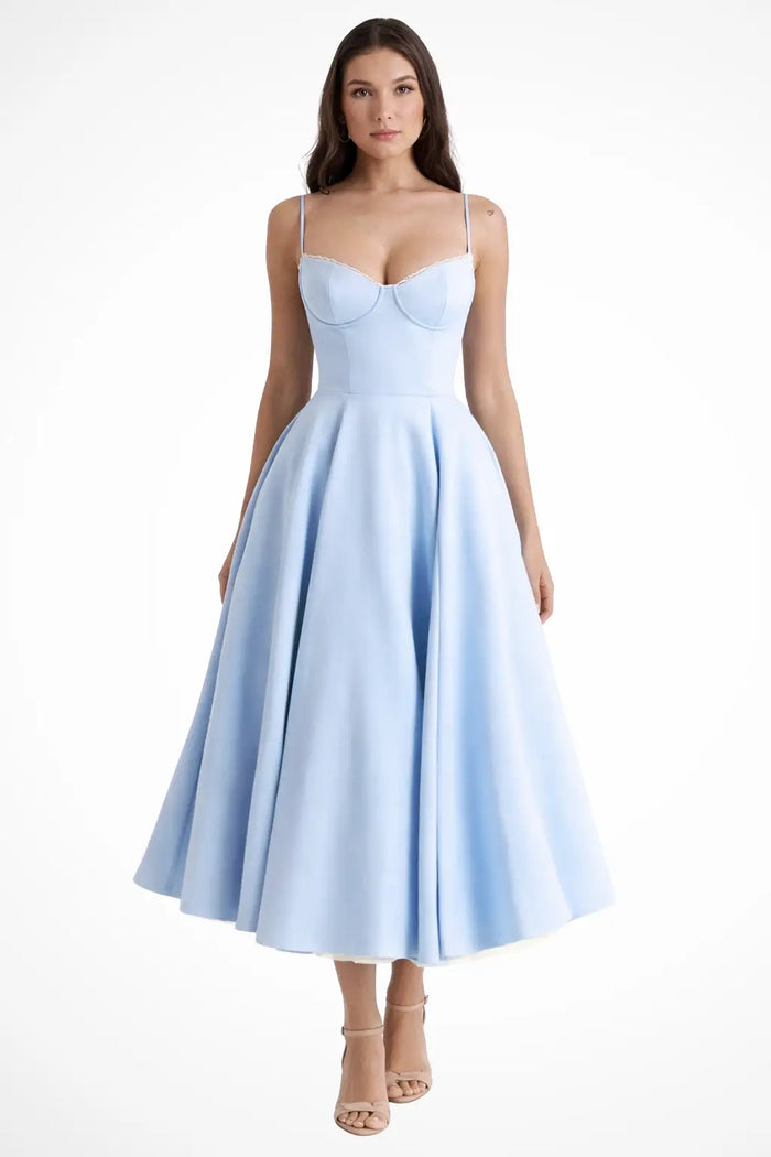 Elegant women's structured corset midi dress with flared skirt, perfect for formal occasions, in a sophisticated design by LondonLaneStore.