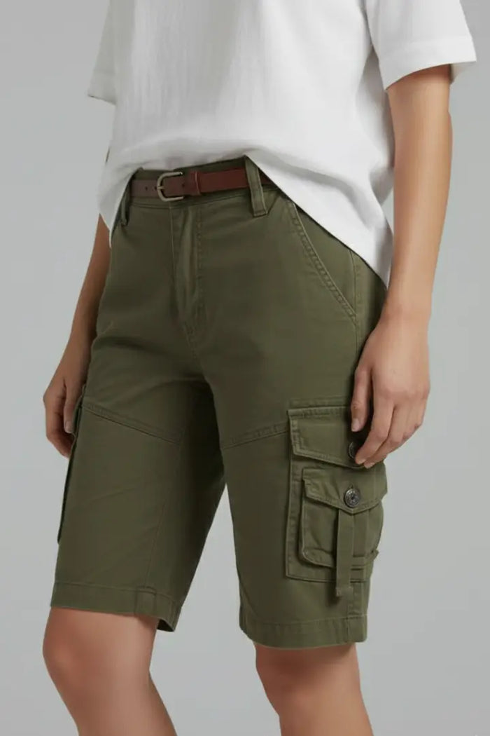 Women's structured cotton cargo shorts in a modern relaxed fit, shown in a neutral color, featuring multiple pockets and casual summer style.