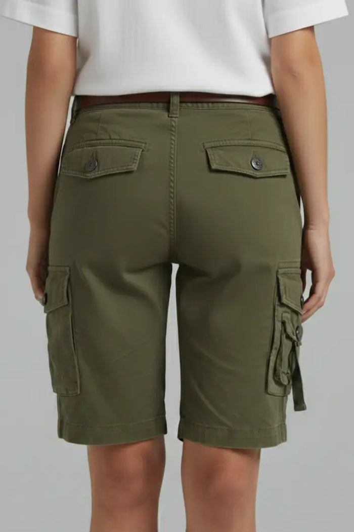 Women's cotton cargo shorts with a modern relaxed fit, featuring multiple pockets and a casual summer style.