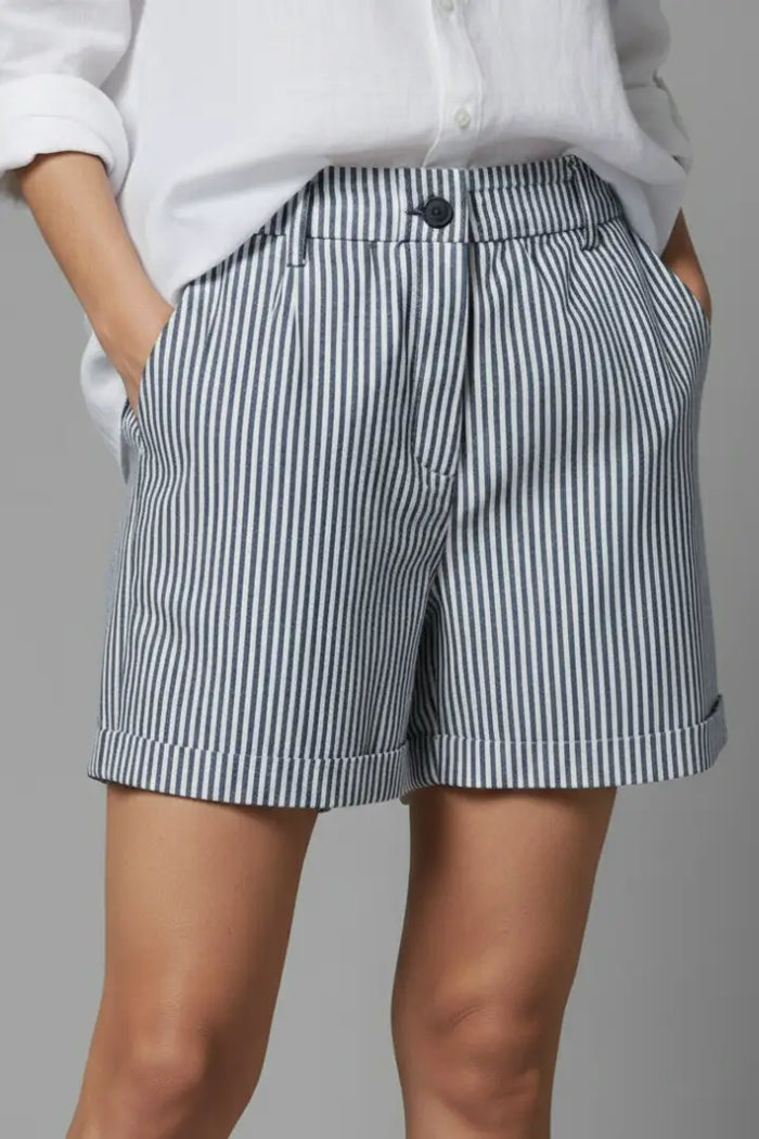 Women's high-waist shorts with vertical stripes and tailored structure, stylish design from LondonLaneStore.