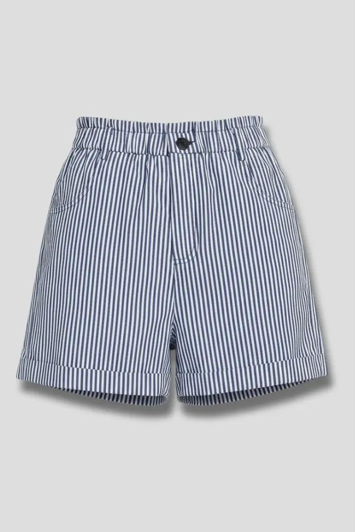Stylish women's high-waist shorts with vertical stripes and tailored design, featuring a structured fit in this image.