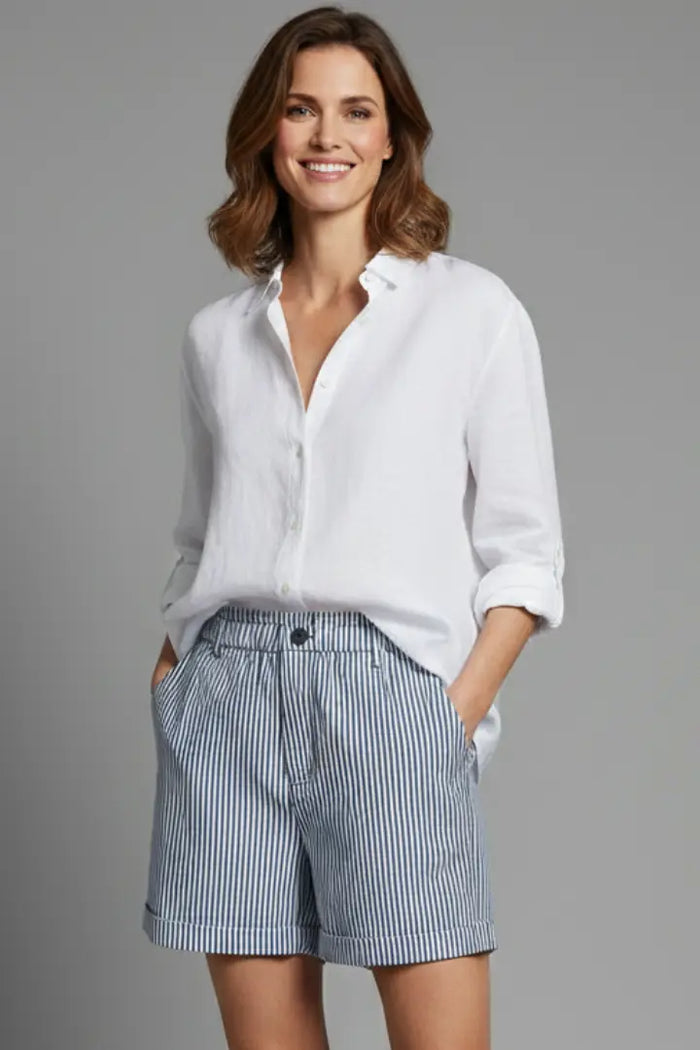 Women's structured high-waist shorts with vertical stripes and tailored design, perfect for stylish summer looks.