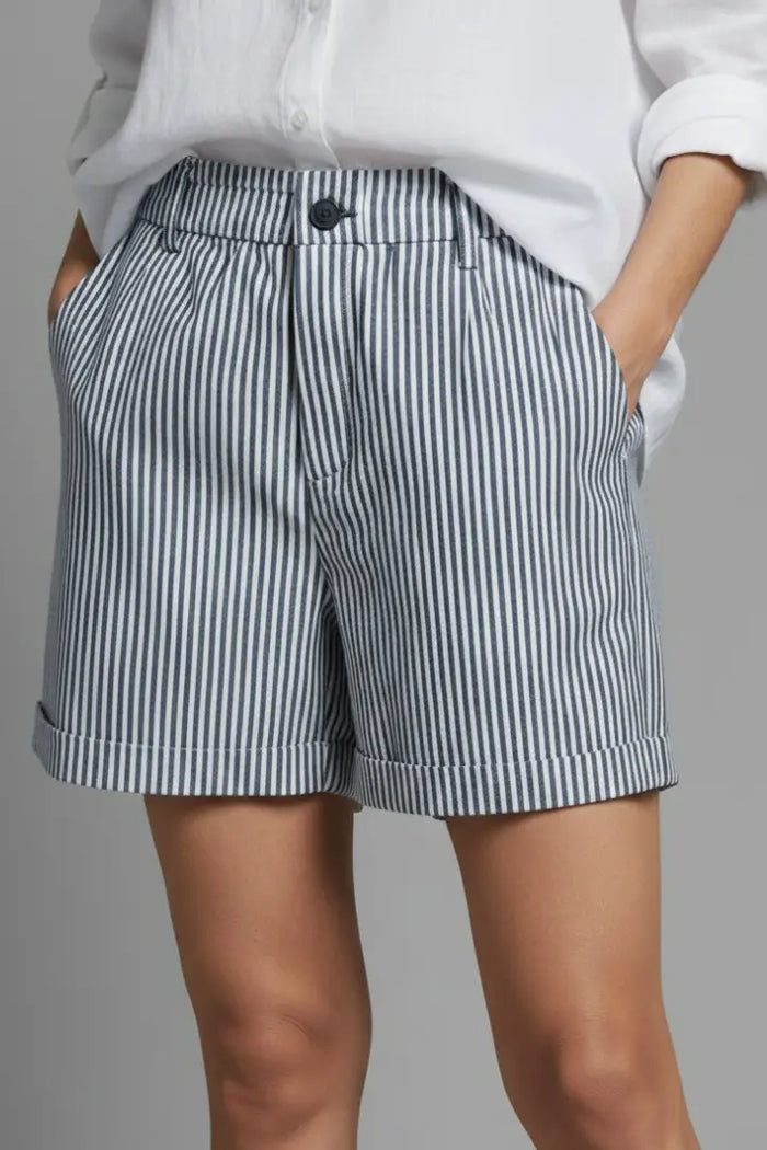 Women's high-waist striped shorts by LondonLaneStore featuring a tailored, structured design and vertical pattern.