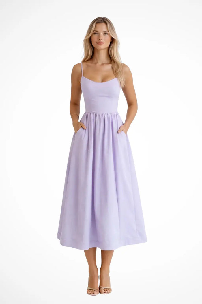 Women's structured A-line midi dress by LondonLaneStore, elegant wedding guest dress with tailored fit and classic style.