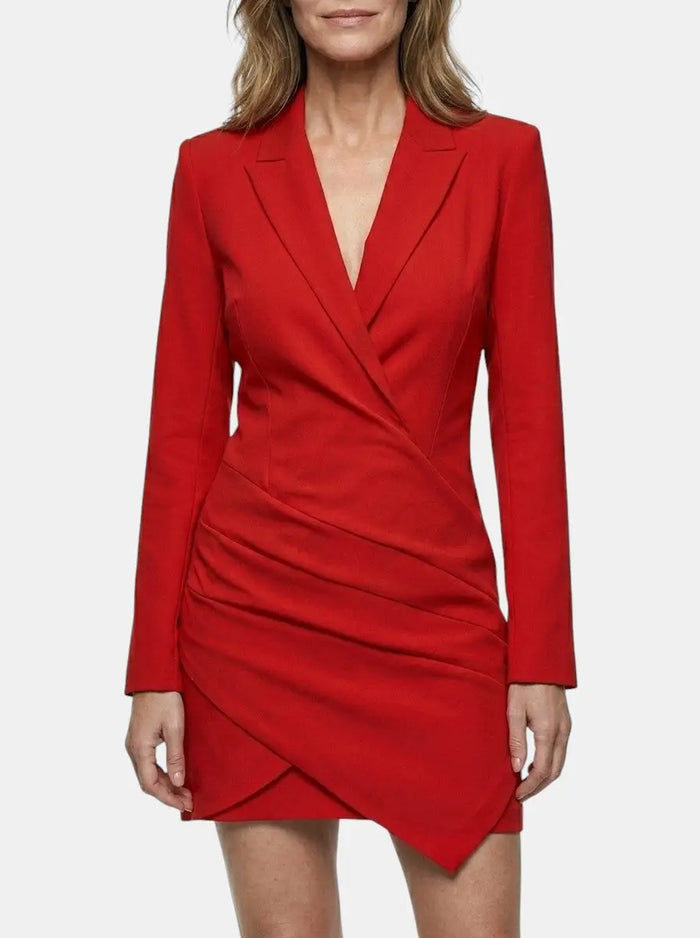 Women's structured mini dress with bold deep V neck, blazer style, perfect for cocktail occasions, by LondonLaneStore.