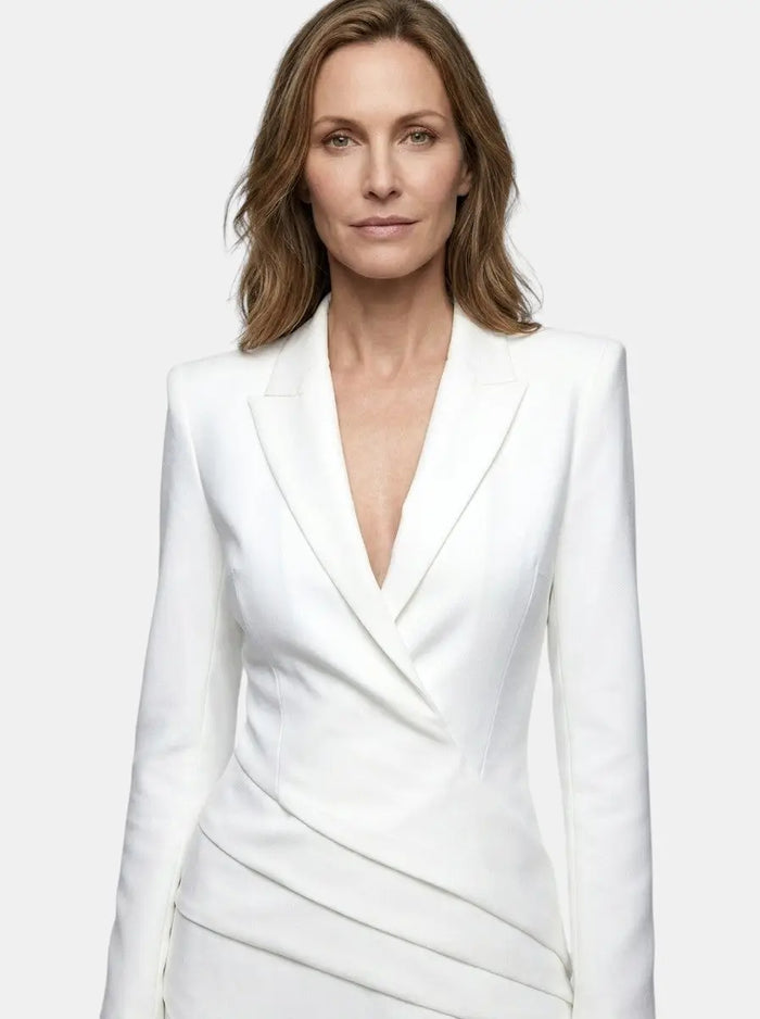 Women's structured mini dress with bold deep V neck, blazer style, perfect for cocktail occasions, by LondonLaneStore.