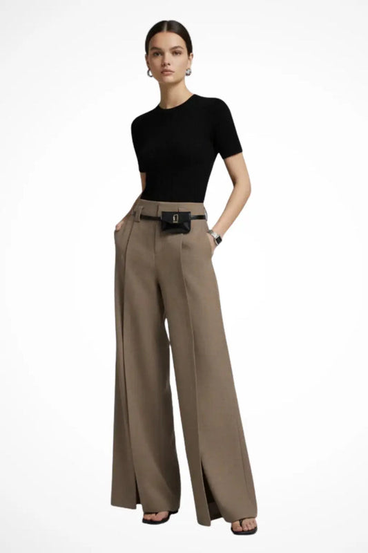 Women's structured polyester wide leg trousers with high-waist design, showcasing elegant tailored fit and sleek silhouette.