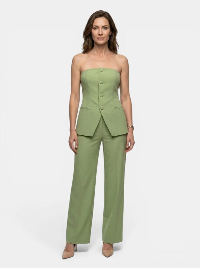 Women's structured suit set featuring an elegant strapless top and wide-leg trousers, stylish and tailored by LondonLaneStore.