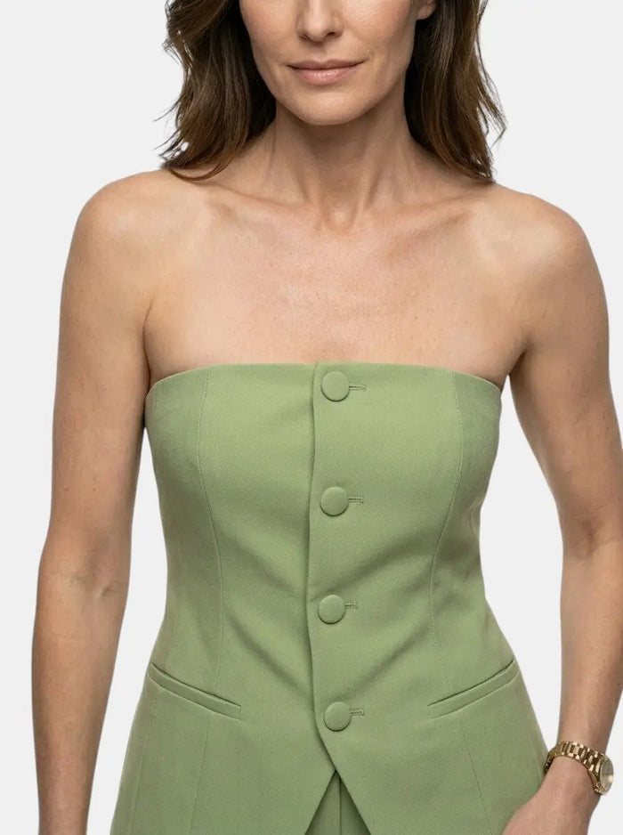 Women's structured suit set featuring an elegant strapless top and wide-leg trousers by LondonLaneStore.