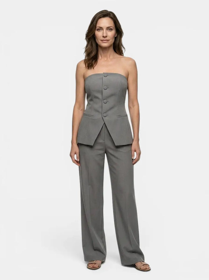 Women’s structured suit set with elegant strapless top and wide-leg trousers from LondonLaneStore. Stylish, tailored women’s fashion.
