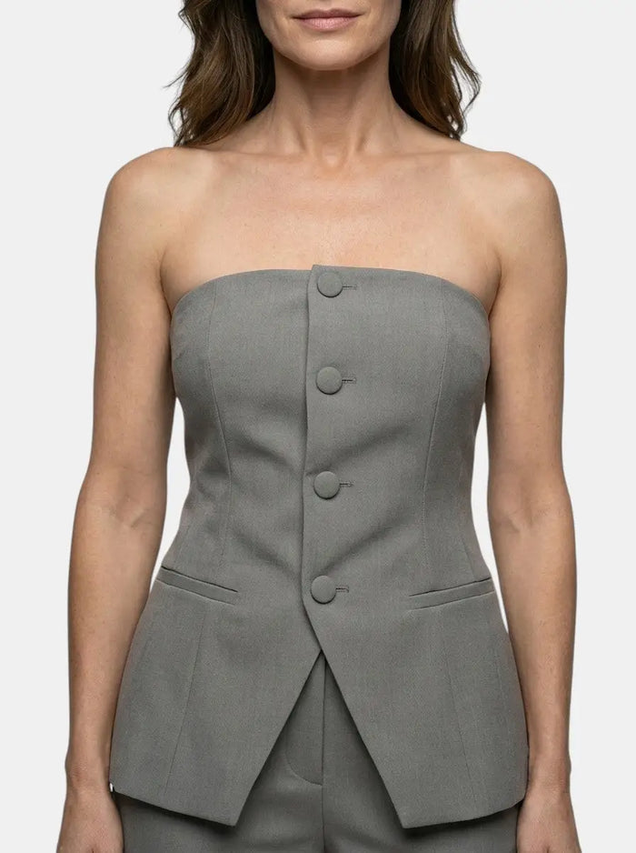 Women's structured suit set featuring an elegant strapless top and wide-leg trousers from LondonLaneStore.