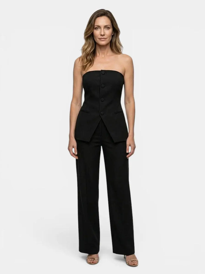 Women's structured suit set with an elegant strapless top and wide-leg trousers, stylish and tailored for a sophisticated look.