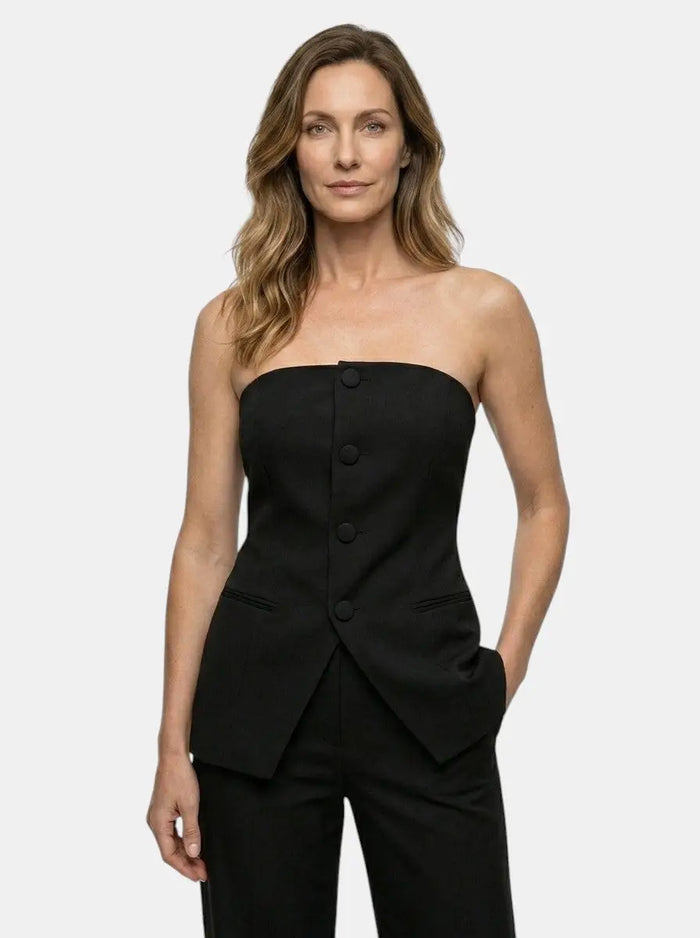 Women's structured suit set with elegant strapless top and wide-leg trousers, stylish office or formal wear by LondonLaneStore.