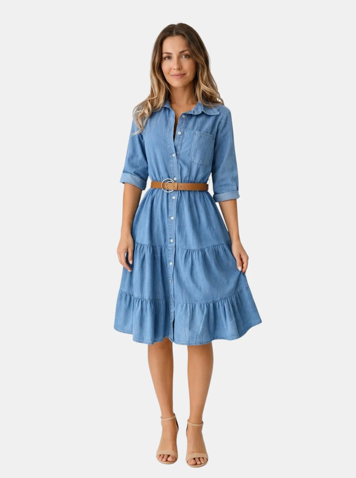 Women's Stylish Denim Midi Dress | Chic Tiered Summer Outfit LondonLaneStore