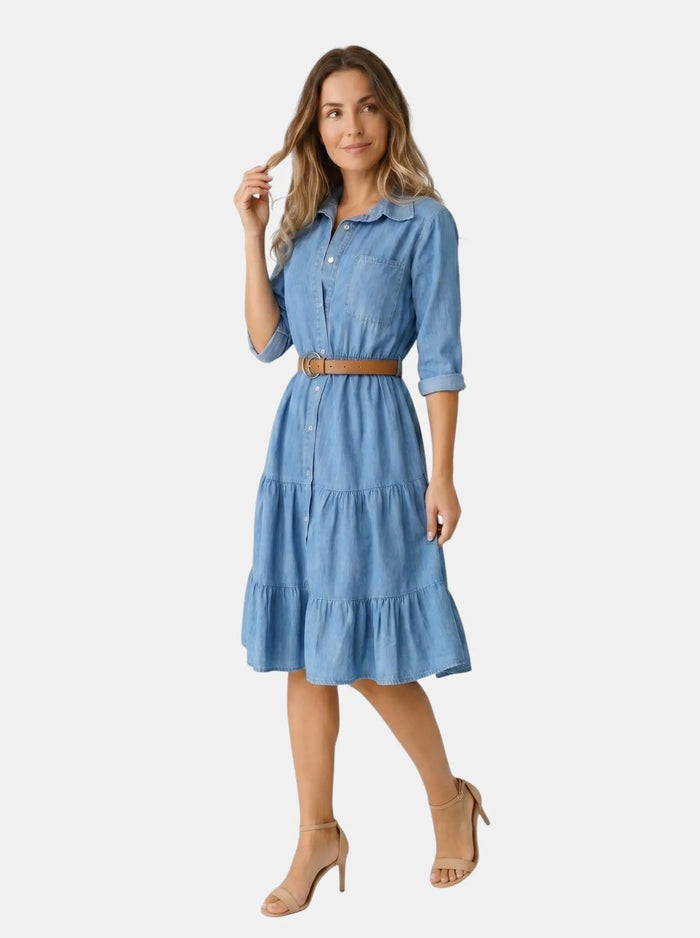 Women's Stylish Denim Midi Dress | Chic Tiered Summer Outfit LondonLaneStore