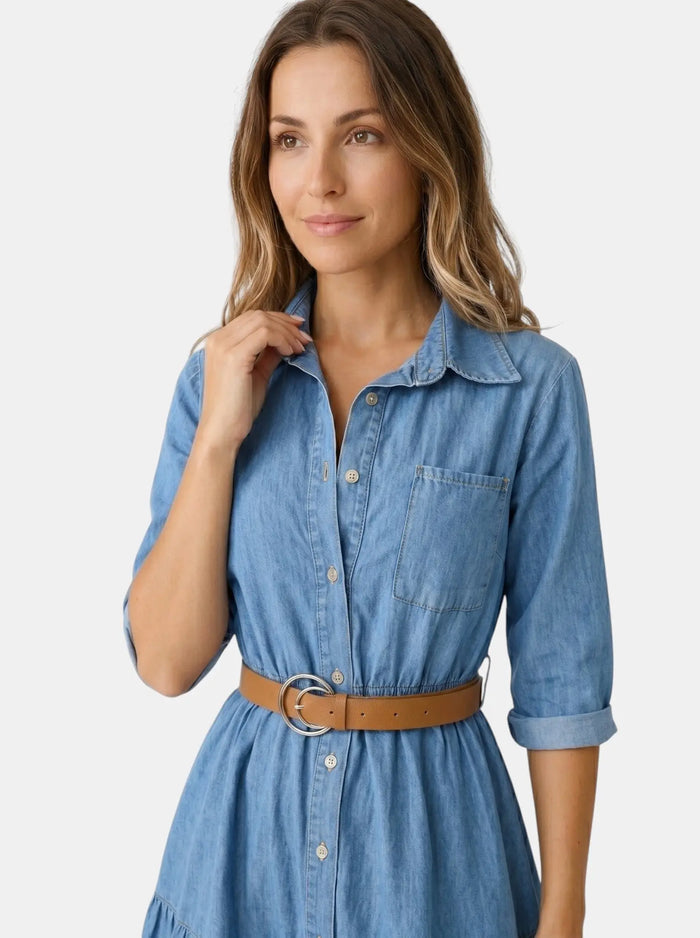 Women's Stylish Denim Midi Dress | Chic Tiered Summer Outfit LondonLaneStore