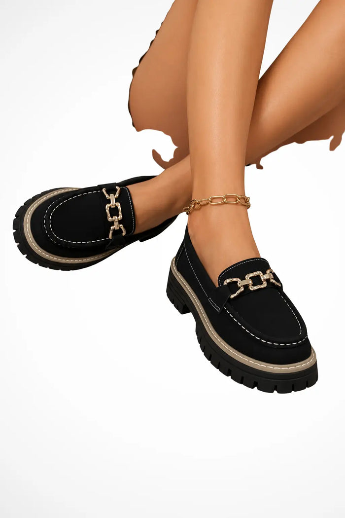Women's stylish platform loafers with gold chain accent and chunky design, featuring slip-on style and orthopedic support.