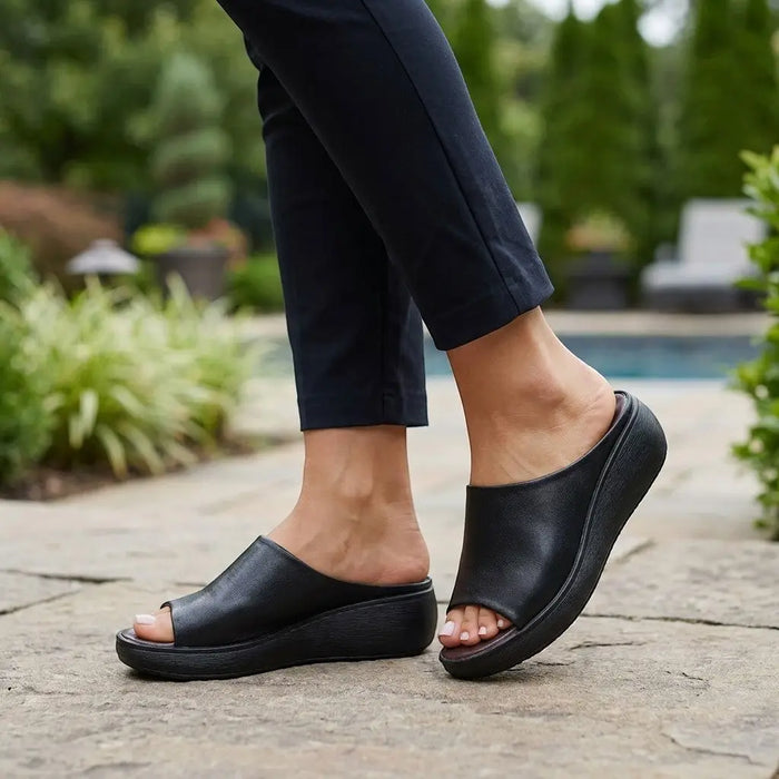 Women's synthetic cushioned slide sandals by LondonLaneStore, featuring comfortable, elegant summer footwear with orthopedic support.