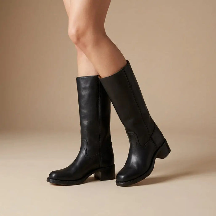 Women's synthetic leather knee-high boots with sleek round toe and comfortable stacked heel, stylish and versatile footwear from LondonLaneStore.