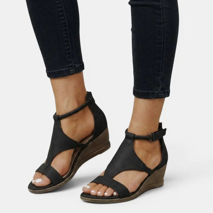 Women's synthetic leather wedge sandals with open toe design, stylish orthopedic summer footwear by LondonLaneStore.