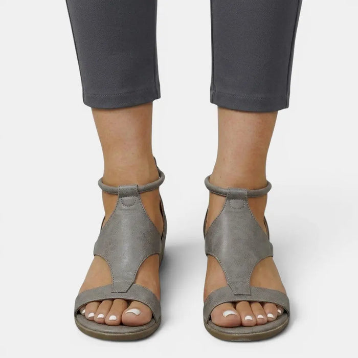 Women's synthetic leather wedge sandals with open toes, stylish orthopedic design, perfect for summer casual wear.