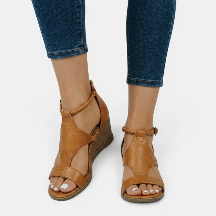 Women's synthetic leather wedge sandals with open toe design, stylish summer footwear by LondonLaneStore.