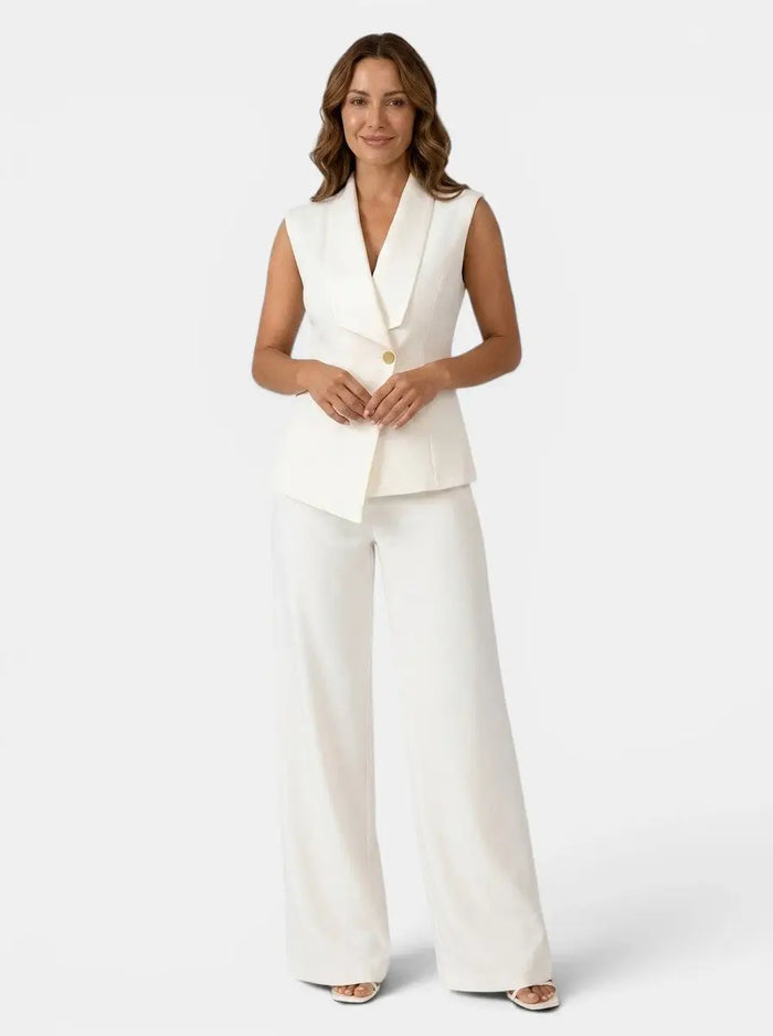Women's tailored blazer suit set with sleeveless blazer and wide-leg trousers, sleek and professional by LondonLaneStore.