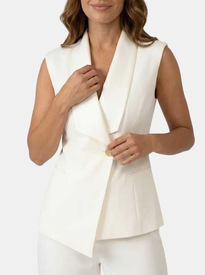 Women's tailored blazer suit set with sleeveless design and wide-leg trousers, featuring a sleek, modern look by LondonLaneStore.