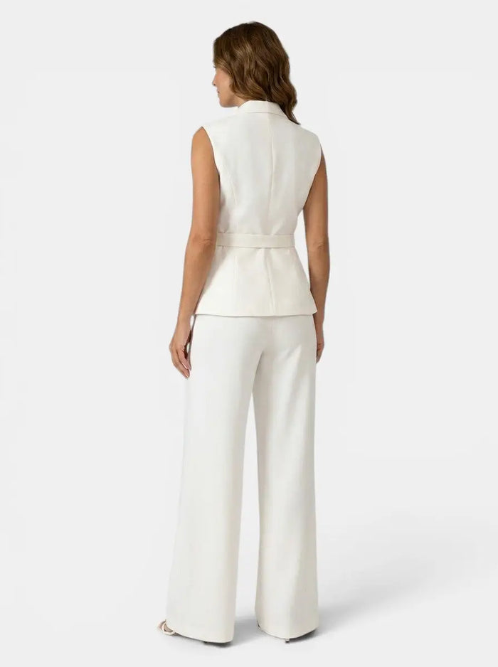 Women's tailored blazer suit set by LondonLaneStore featuring a sleek sleeveless blazer and wide-leg trousers.