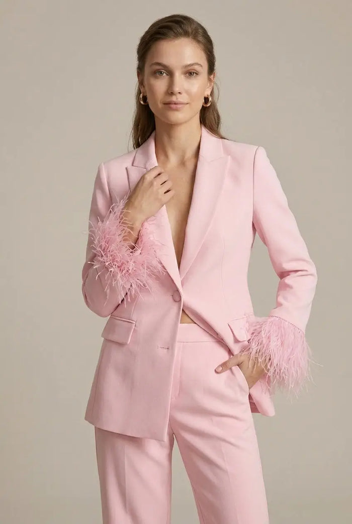 Women’s tailored blazer with feather cuffs and elegant straight-leg trousers, stylish all-season suit from LondonLaneStore.