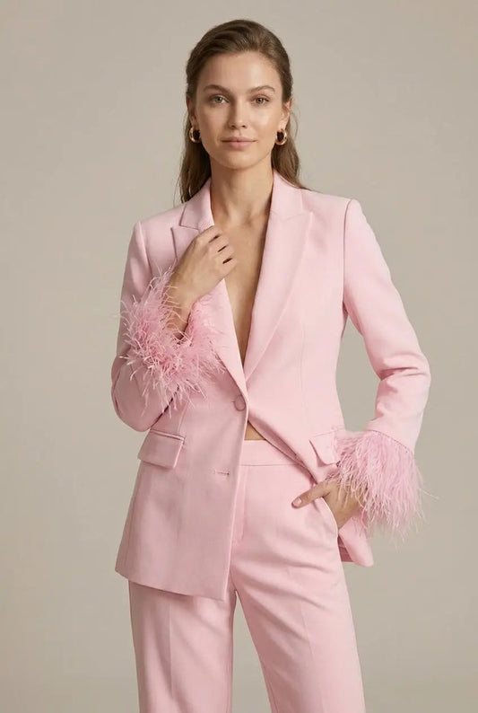 Women’s tailored blazer with feather cuffs and elegant straight-leg trousers, stylish all-season suit from LondonLaneStore.