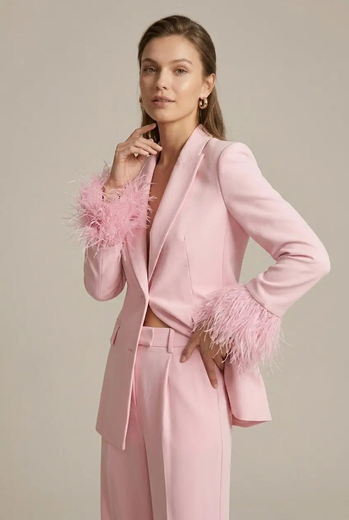 Women’s tailored blazer with feather cuffs and elegant straight-leg trousers, stylish all-season suit from LondonLaneStore.
