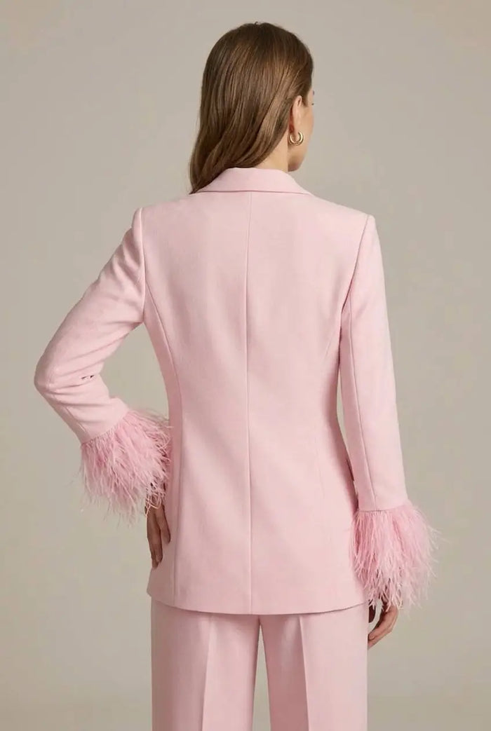 Women’s tailored blazer with feather cuffs and elegant straight-leg trousers, stylish all-season suit from LondonLaneStore.