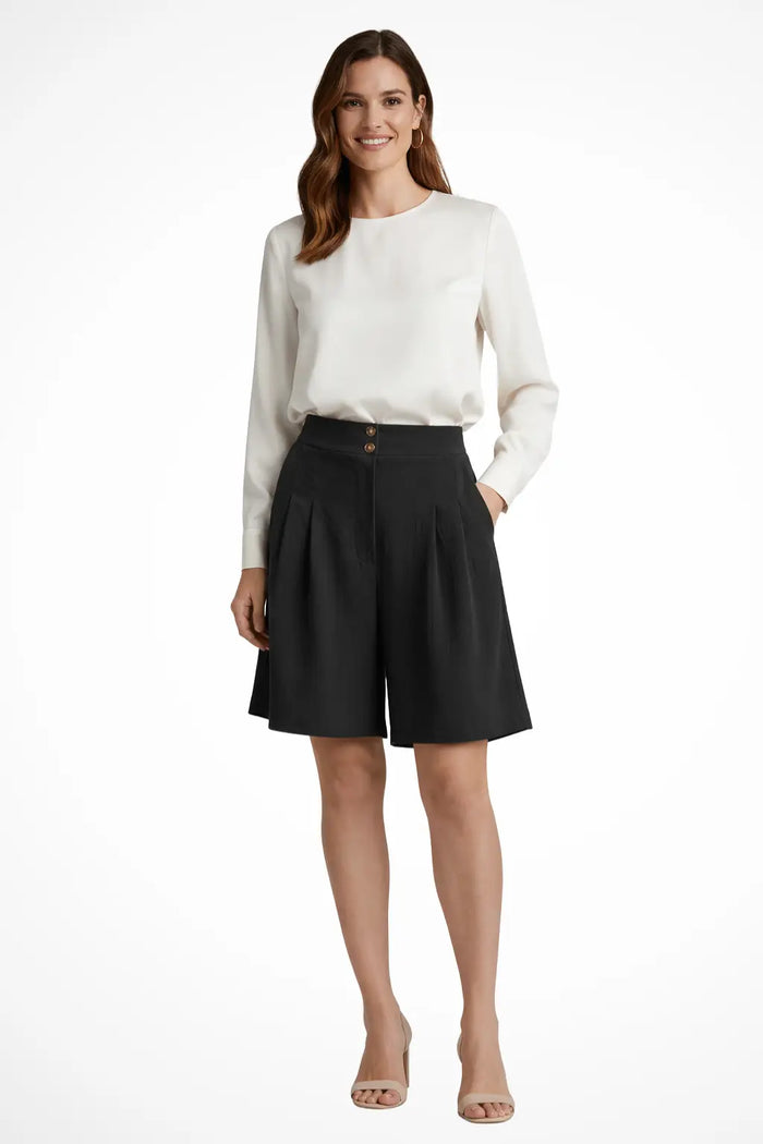 Women's high waist tailored Bermuda shorts by LondonLaneStore, featuring pleated design and cotton fabric, perfect for summer wear.