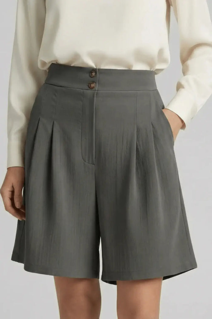 Women’s tailored cotton Bermuda shorts with high waist and pleated design, stylish summer shorts by LondonLaneStore.