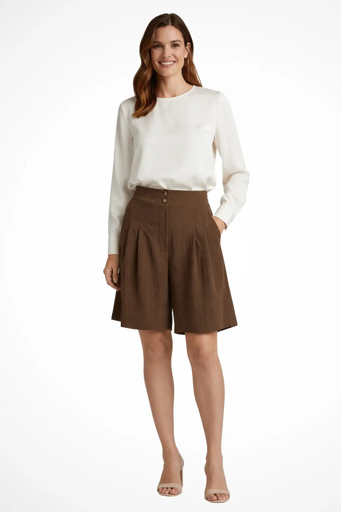Women’s tailored cotton Bermuda shorts with high waist and pleated design, stylish summer shorts by LondonLaneStore.
