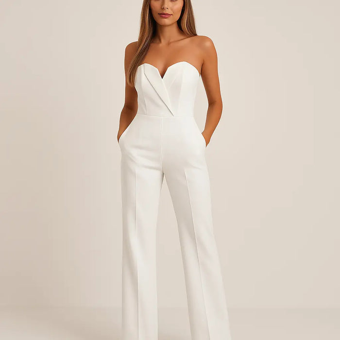Elegant women's tailored fabric jumpsuit with V-neck and wide-leg design, featuring a sleek and sophisticated fit.