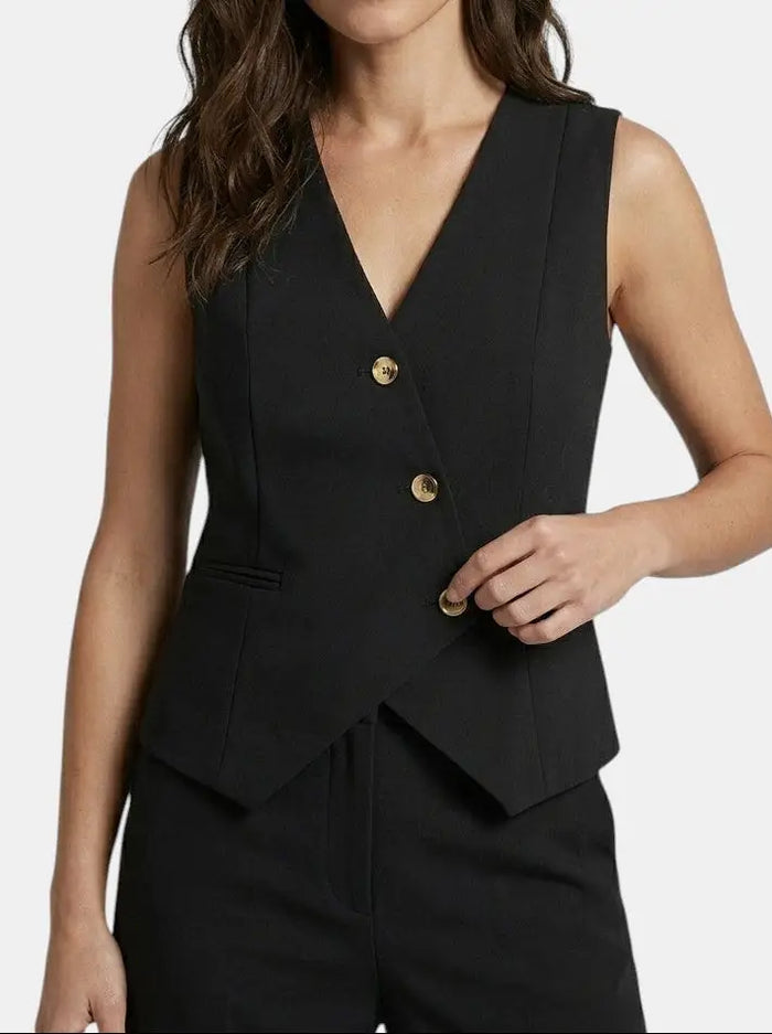 Women's tailored fabric suit set featuring an elegant sleeveless blazer and wide-leg trousers, stylish and professional.