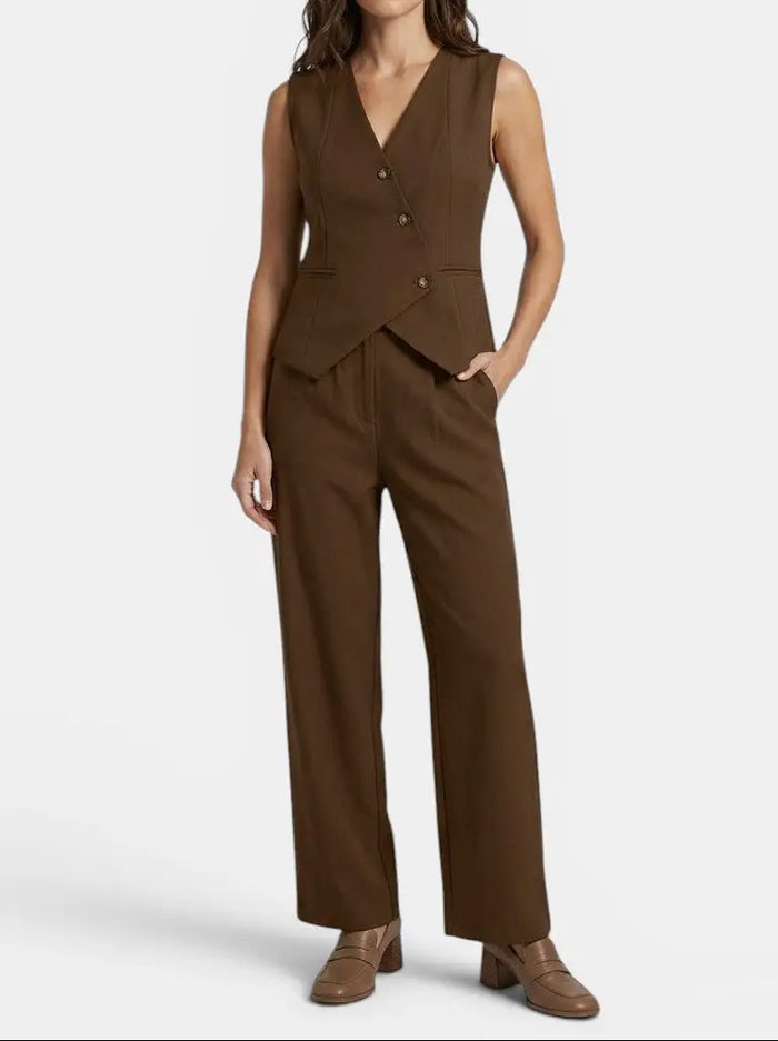 Women's tailored fabric suit set featuring an elegant sleeveless blazer and wide-leg trousers, perfect for professional or stylish occasions.