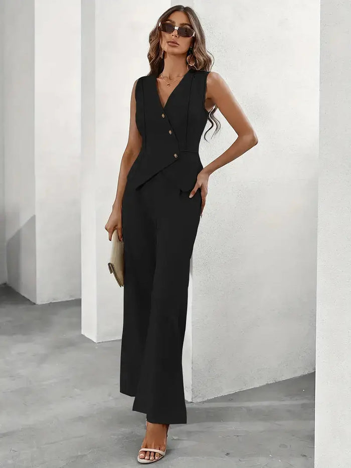 Women's tailored polyester pant suit by LondonLaneStore featuring a sleek sleeveless blazer and wide-leg trousers.