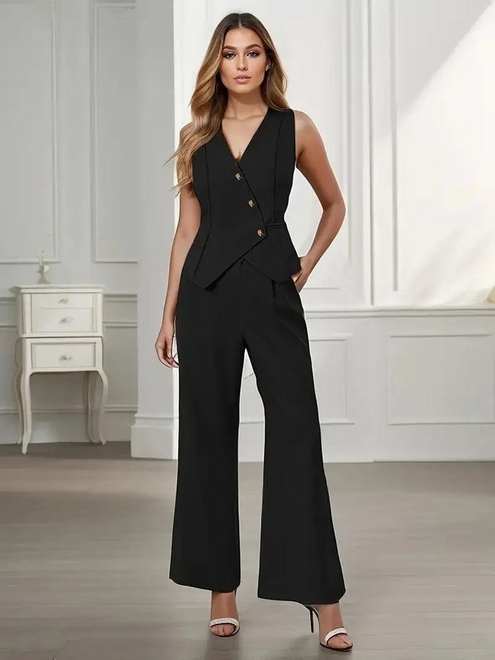 Women's tailored pant suit with sleek sleeveless blazer and wide-leg trousers by LondonLaneStore, styled for a professional look.